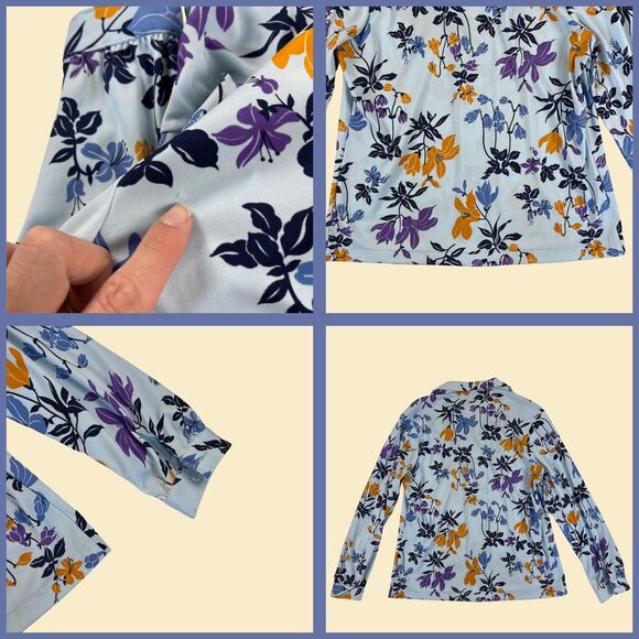1970s Sears floral blouse, vintage womens novelty print blue/purple button down - Picture 2 of 8